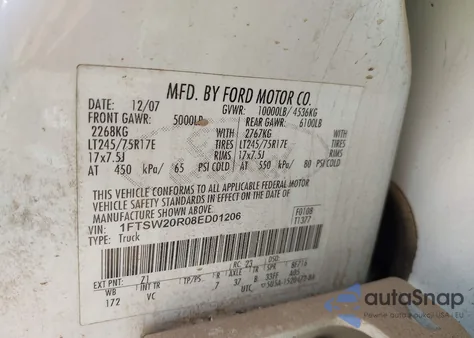 2008 Ford F-250 Xl z USA, uszkodzony, nr VIN 1FTSW20R08ED01206